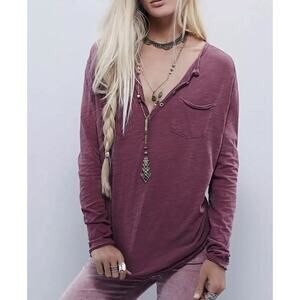 Free People Frontier Slub Knit Henley Tee Burgundy Marron Womens XS Relaxed Boho